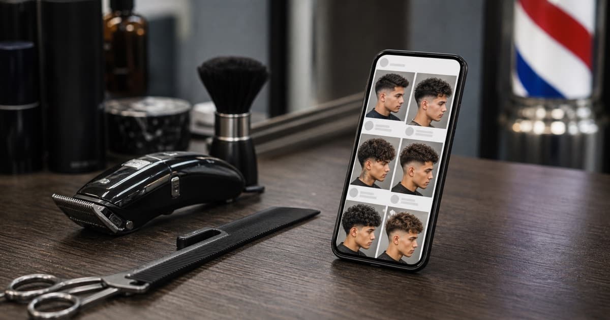 Generated editorial collage of a phone showing a generic taper fade trend next to barber tools.