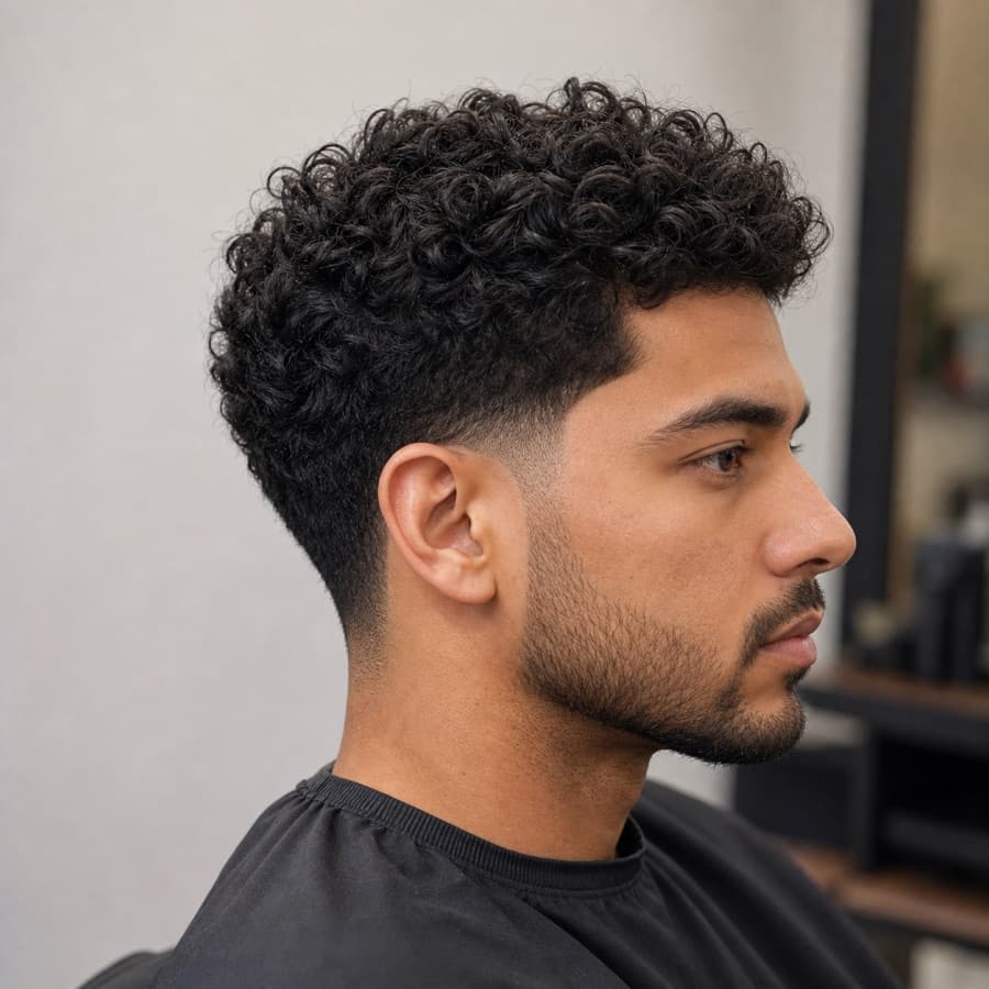 Generated side profile of a curly blowout low taper fade.