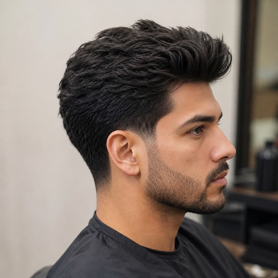Generated side profile of a blowout taper haircut with lifted volume.