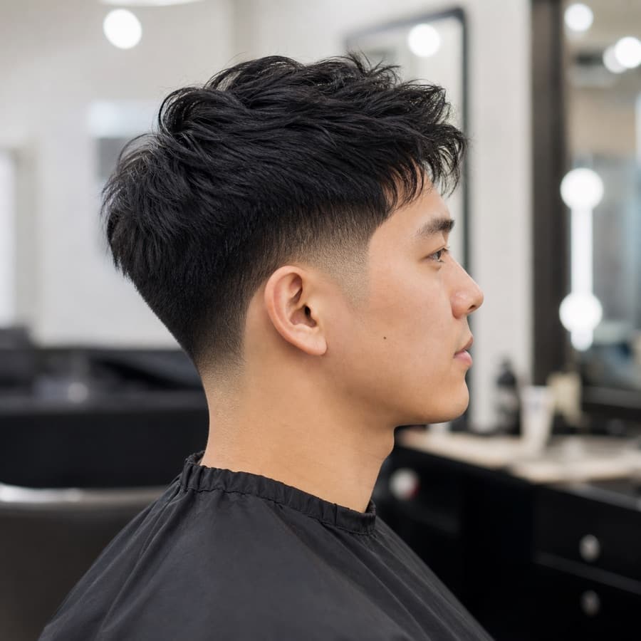 Generated side profile of a low taper fade for thick straight hair.