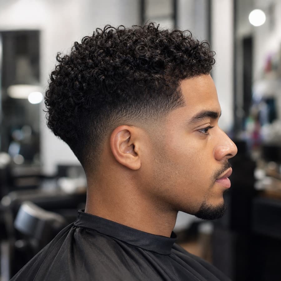 Generated side profile of a low taper fade for curly hair.