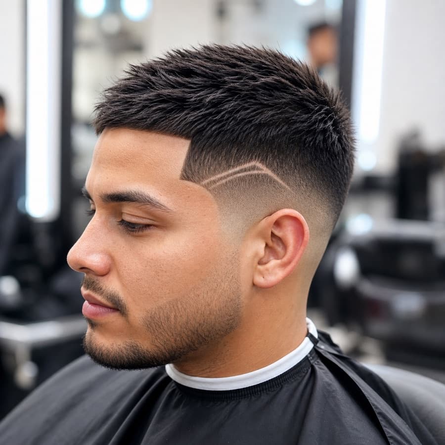 Generated side profile of a low taper fade with a shaved design.