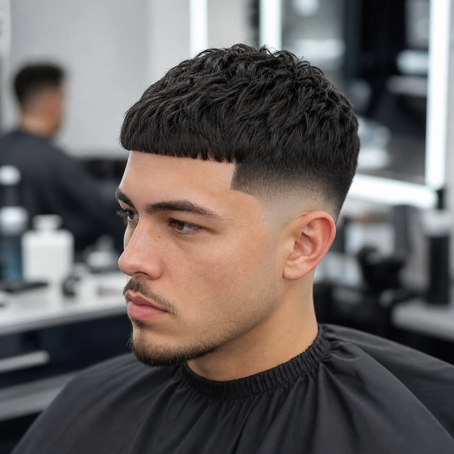 Generated three-quarter profile of a low taper fade Edgar haircut.