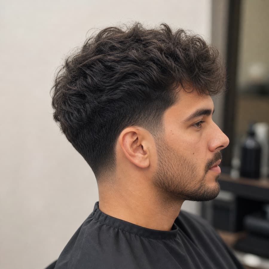 Generated side profile of a low taper fade with fluffy hair.