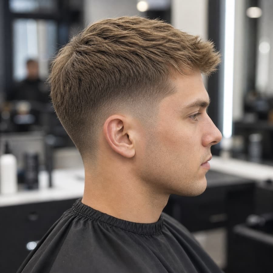 Generated side profile of a low taper fade with light straight hair.