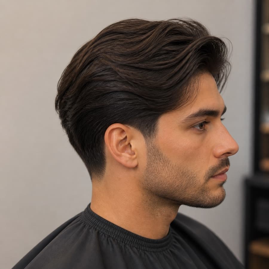 Generated side profile of a low taper fade with longer hair on top.