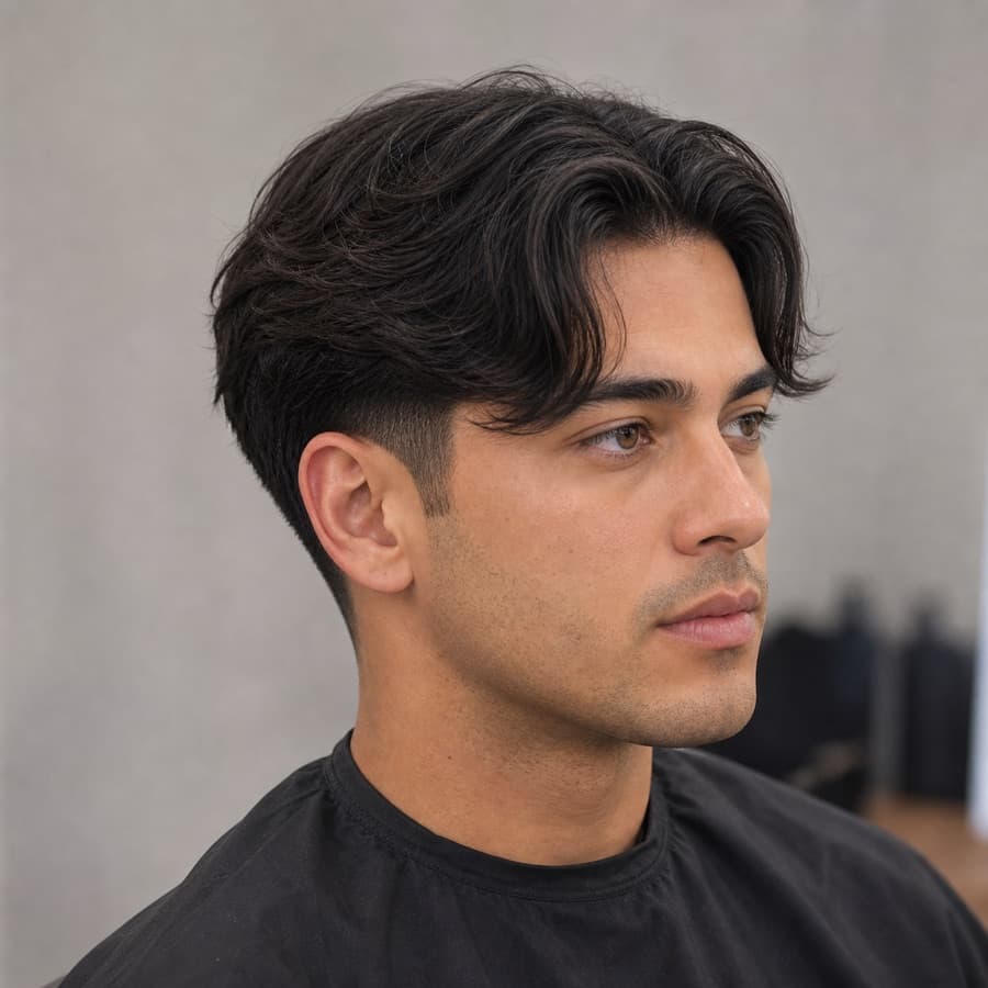 Generated front-side profile of a low taper fade with a middle part.