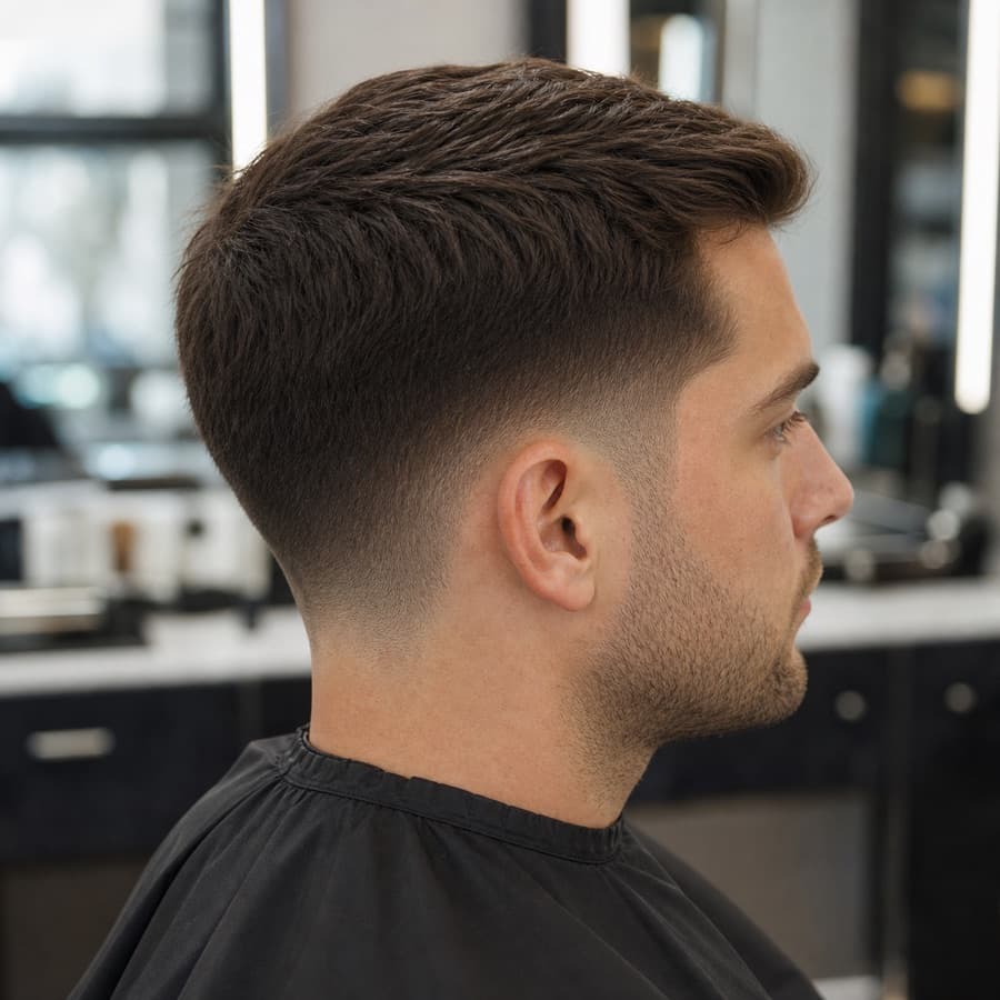 Generated side profile of a low taper fade for straight hair.