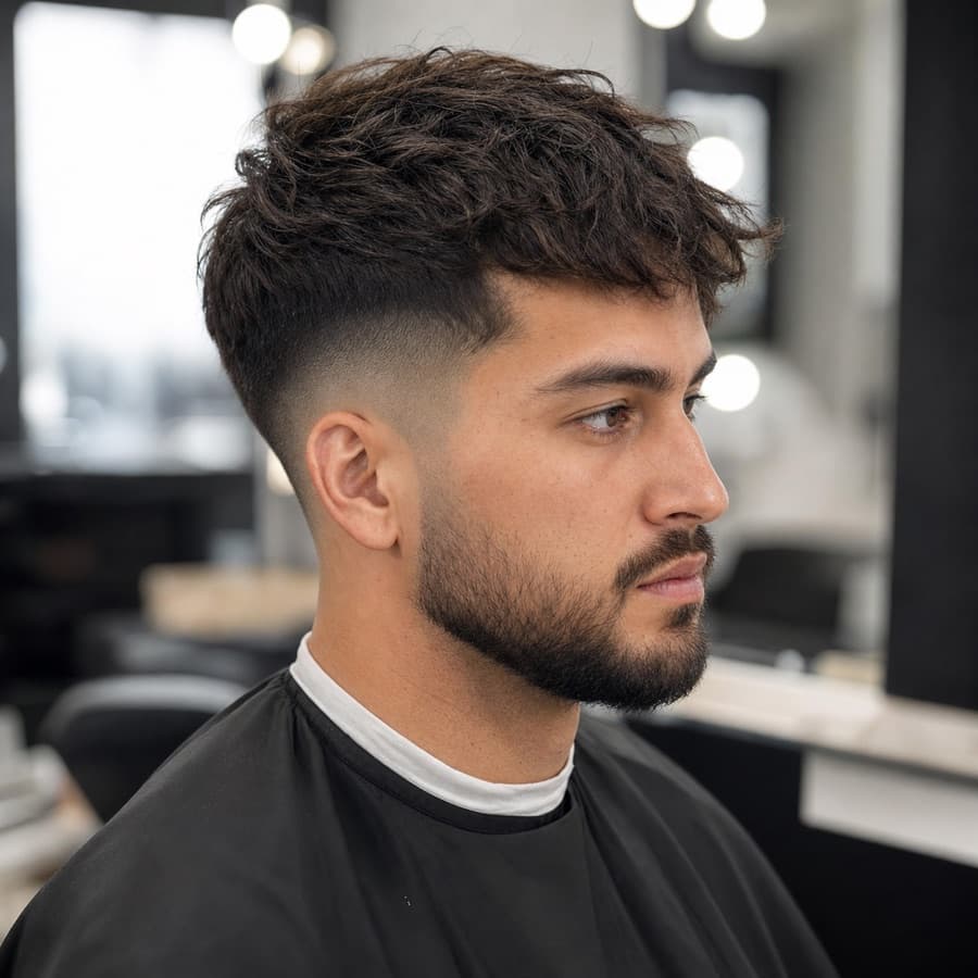 Generated side profile of a low taper fade with textured fringe.
